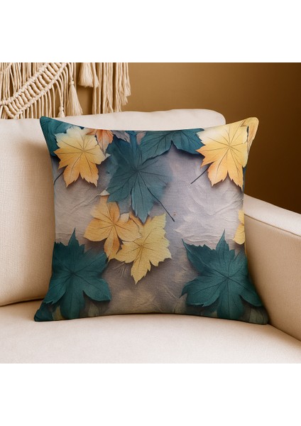 Sonbahar Yaprak Desenli Kırlent Kılıfı Turkuaz & Sarı Renkli, Dijital Duck Kumaş, Dekoratif Yastık fiyatları