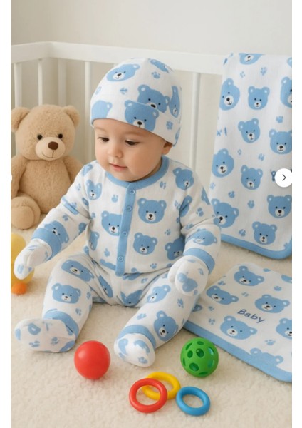 Ayıcık Desenli Erkek Mavi 6 Parça Battaniyeli Yenidoğan Pamuk Takım Hastane Çıkışı 0-6 Ay