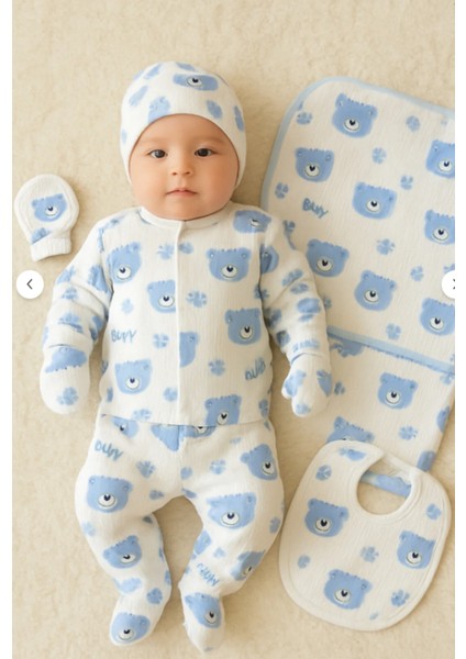 Ayıcık Desenli Erkek Mavi 6 Parça Battaniyeli Yenidoğan Pamuk Takım Hastane Çıkışı 0-6 Ay modelleri