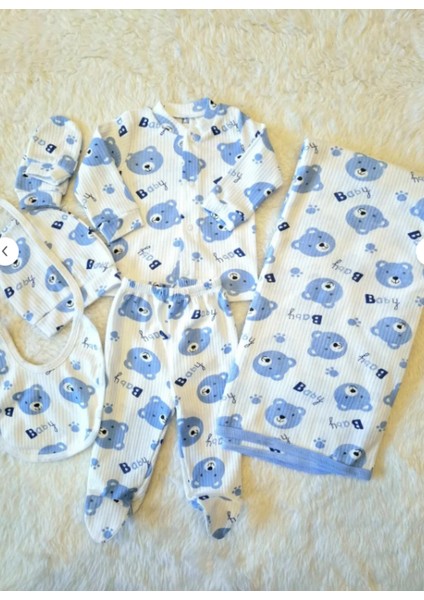 Ayıcık Desenli Erkek Mavi 6 Parça Battaniyeli Yenidoğan Pamuk Takım Hastane Çıkışı 0-6 Ay fırsatları
