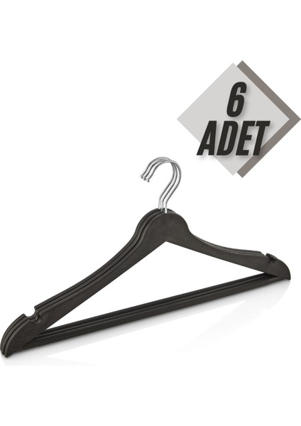 6 Adet Ahşap Görünümlü Plastik Siyah Elbise Kıyafet Askısı