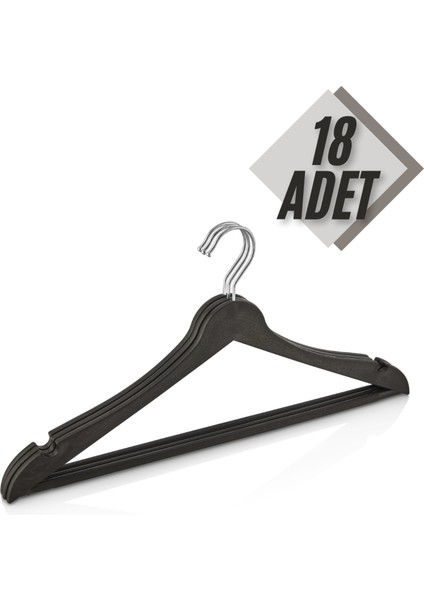 18 Adet Ahşap Görünümlü Plastik Siyah Elbise Kıyafet Askısı