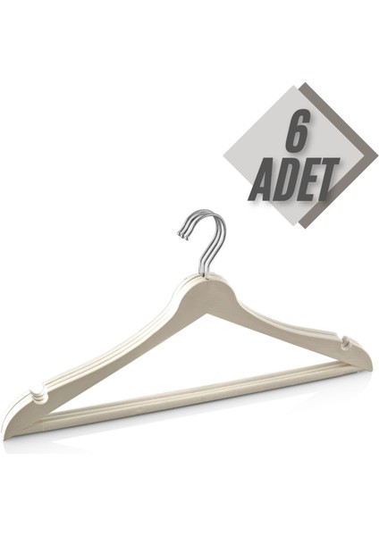 6 Adet Ahşap Görünümlü Plastik Beyaz Elbise Kıyafet Askısı