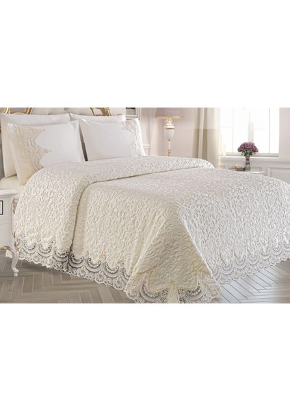 Battaniyeli Çift Kişilik Yatak Örtüsü Fransız Güpürlü Kıng Sıze