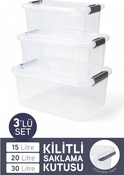 3'lü Saklama Kabı Yatay Dikdörtgen Kilitli Kapaklı Çok Amaçlı Oyuncak Saklama Kutusu 15-20-30 Litre