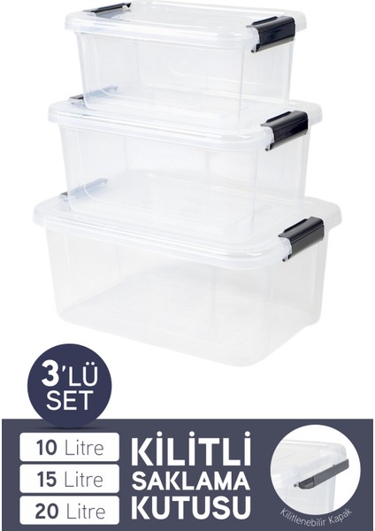 3'lü Saklama Kabı Yatay Dikdörtgen Kilitli Kapaklı Çok Amaçlı Oyuncak Saklama Kutusu 10-15-20 Litre