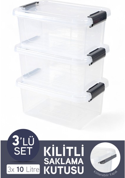 3'lü Saklama Kabı Yatay Dikdörtgen Kilitli Kapaklı Çok Amaçlı Oyuncak Saklama Kutusu 10 Litre