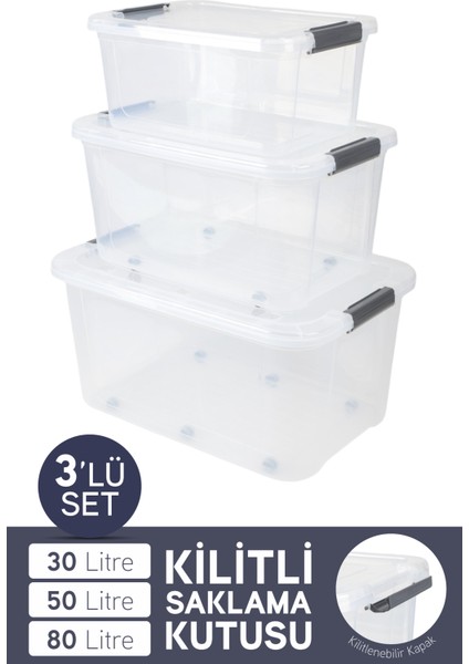 3'lü Tekerli Saklama Kabı Dikdörtgen Kilitli Kapaklı Çok Amaçlı Oyuncak Saklama Kutusu 30-50-80 L