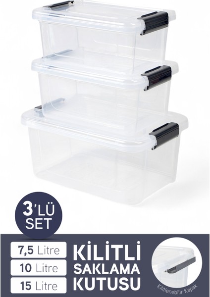 3'lü Saklama Kabı Yatay Dikdörtgen Kilitli Kapaklı Çok Amaçlı Oyuncak Saklama Kutusu 7,5-10-15 Litre