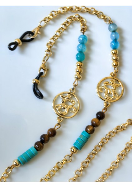 Yay Burcu Kaplan gözü ve Turkuaz Doğal Taşlı Gözlük Zinciri