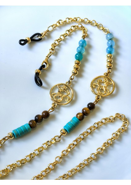 Yay Burcu Kaplan gözü ve Turkuaz Doğal Taşlı Gözlük Zinciri