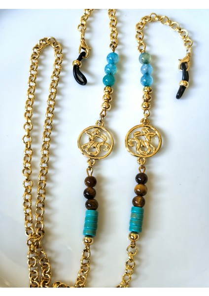Yay Burcu Kaplan gözü ve Turkuaz Doğal Taşlı Gözlük Zinciri