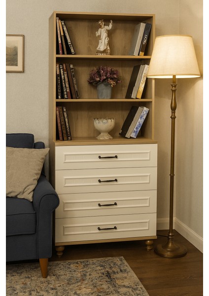 Nefes Çekmeceli Şifonyer & Kitaplık | MDF Gövde | Ağaç Ayaklar