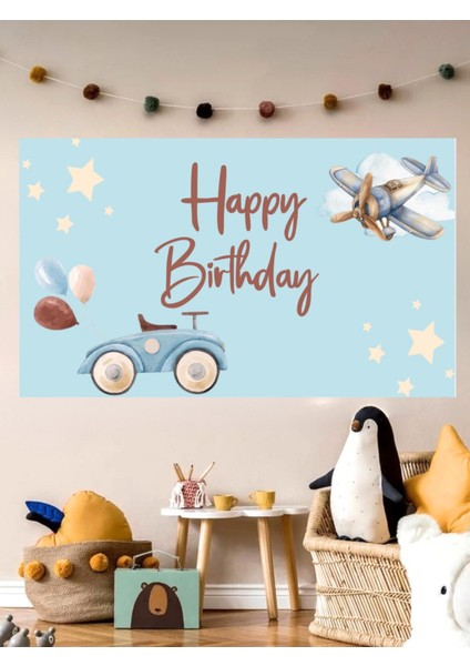 Retro Uçak Polis Arabası Temalı Özel Doğum Günü Afişi Arka Fonu 60X100 Vinil Branda Pankart Doğum Günü Parti Seti Süsü modelleri