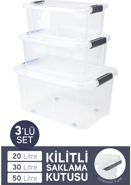 3'lü Tekerli Saklama Kabı Dikdörtgen Kilitli Kapaklı Çok Amaçlı Oyuncak Saklama Kutusu 20-30-50 L