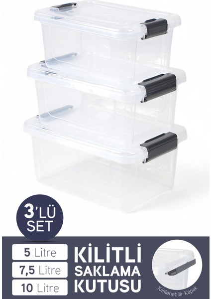 3'lü Saklama Kabı Yatay Dikdörtgen Kilitli Kapaklı Çok Amaçlı Oyuncak Saklama Kutusu 5-7,5-10 Litre