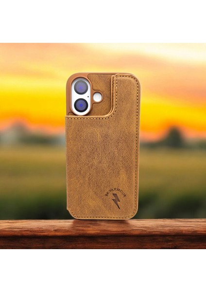 iPhone 16 Kahverengi Deri Cüzdan Kılıf