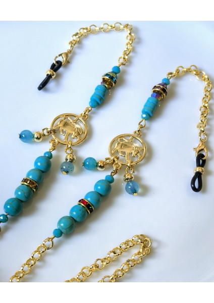 Boğa Burcu Turkuaz ve Kaplan Gözü Doğal Taşlı Gözlük Zinciri