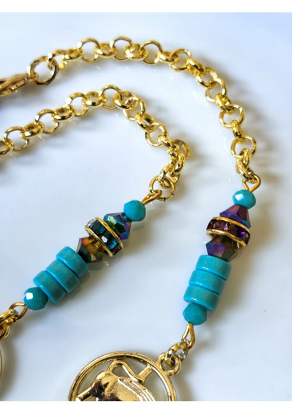 Boğa Burcu Turkuaz ve Kaplan Gözü Doğal Taşlı Gözlük Zinciri