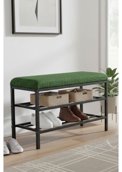 Lotus Metal Modern Ayakkabılık, Bank, Yatak Ucu, Organizer, Oturak,puf 3 Katlı 30X70 Keten Kumaş