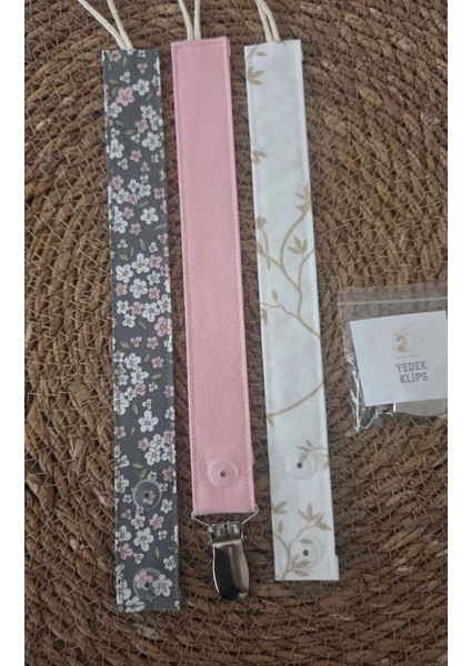 3’lü Set Bebek Emzik Askısı - Emzik Zinciri - Yenidoğan Kumaş Askı %100 Pamuk Yıkanabilir