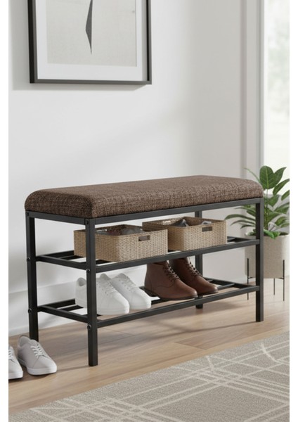 Lotus Metal Modern Ayakkabılık, Bank, Yatak Ucu, Organizer, Oturak,puf 3 Katlı 30X70 Keten Kumaş