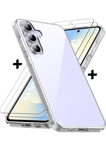 Samsung Galaxy S25 Fe Kılıf Kamera Çıkıntılı Korumalı Yumuşak Şeffaf Silikon + 9h Ekran Koruyucu Cam