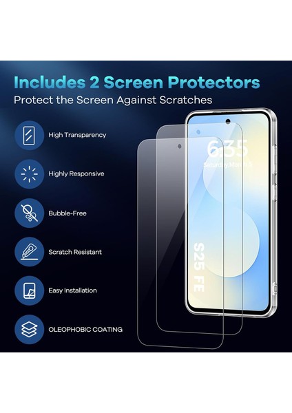 Samsung Galaxy S25 Fe Kılıf Kamera Çıkıntılı Korumalı Yumuşak Şeffaf Silikon + 9h Ekran Koruyucu Cam modelleri