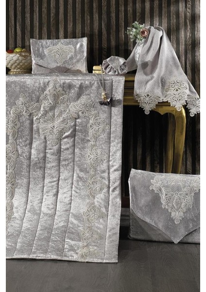 Hüma Kadife Seccade Seti Gri