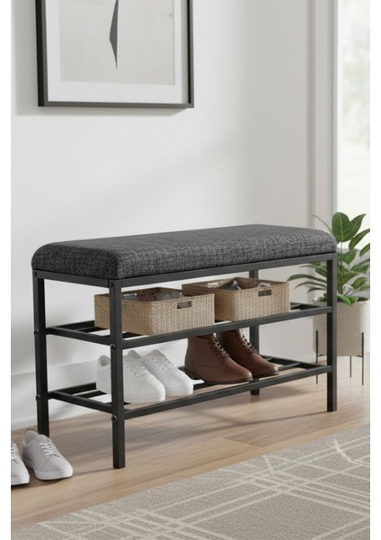 Lotus Metal Modern Ayakkabılık, Bank, Yatak Ucu, Organizer, Oturak,puf 3 Katlı 30X70 Keten Kumaş