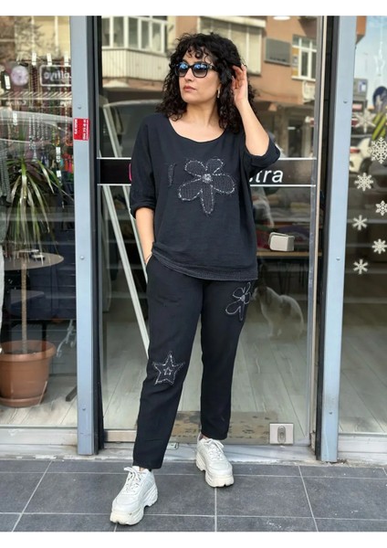 Kadın Keten Bluz Yuvarlak Yakalı Aplike Pullu Papatya Desenli 3/4 Kollu Oversize %100PAMUK indirimleri