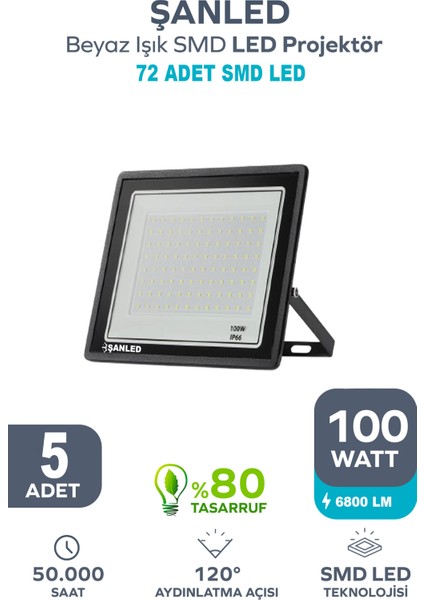 100W 6800 Lumen 6500K Beyaz Işık Smd LED Projektör/ 5 Adettir