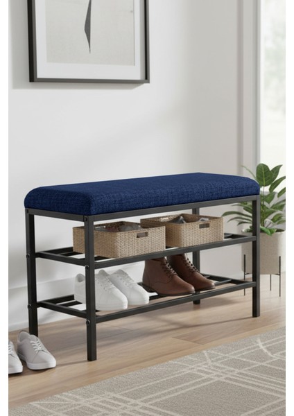 Lotus Metal Modern Ayakkabılık, Bank, Yatak Ucu, Organizer, Oturak,puf 3 Katlı 30X70 Keten Kumaş