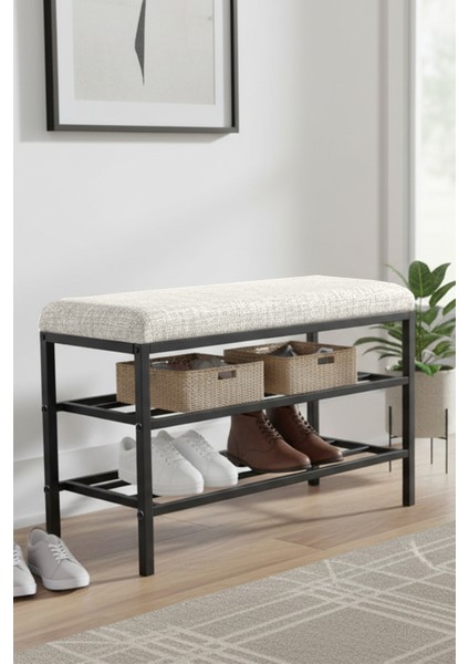 Lotus Metal Modern Ayakkabılık, Bank, Yatak Ucu, Organizer, Oturak,puf 3 Katlı 30X70 Keten Kumaş