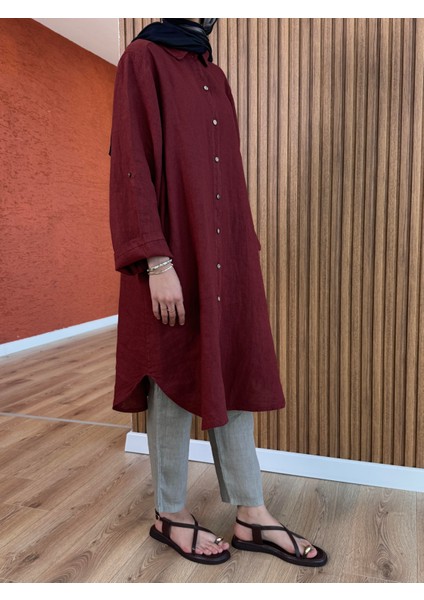 Kadın Ham Keten Tunik - Bordo