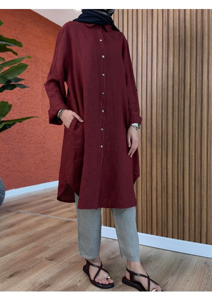 Kadın Ham Keten Tunik - Bordo modelleri