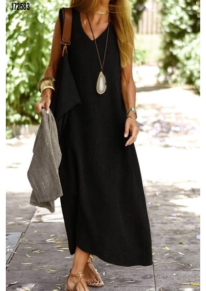 Kadın Kolsuz V Yakalı Maksi Boy Ithal Keten Elbise