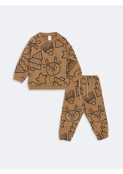 Lcw Baby Bej Bisiklet Yaka Baskılı Erkek Bebek Sweatshirt ve Eşofman Alt 2'li Takım