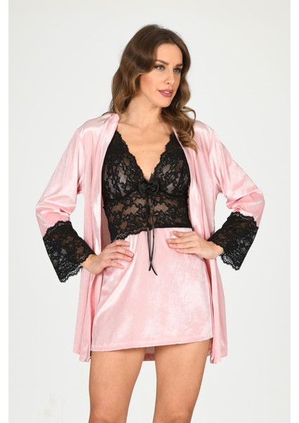 Pudra Kadife Sabahlık & Gecelik Takım 2' Li - 1446 fiyatları