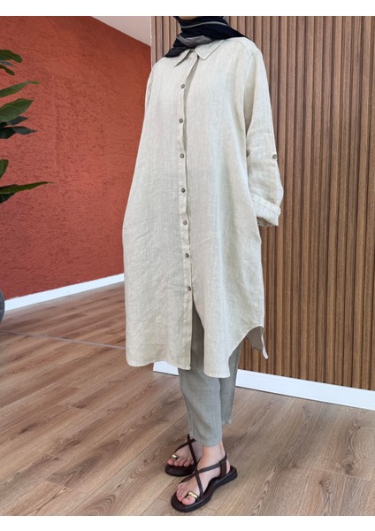 Kadın Ham Keten Tunik -Krem