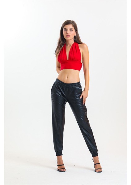 Kadın Paçası Lastikli Deri Pantolon - Siyah