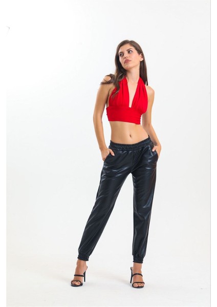 Kadın Paçası Lastikli Deri Pantolon - Siyah
