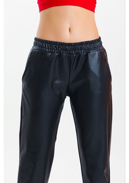 Kadın Paçası Lastikli Deri Pantolon - Siyah