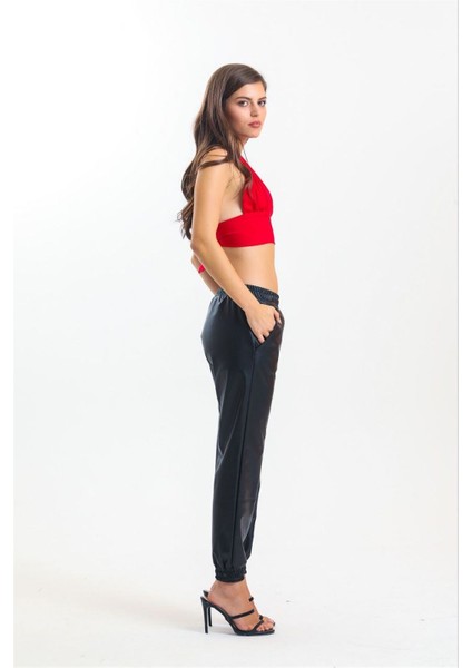 Kadın Paçası Lastikli Deri Pantolon - Siyah