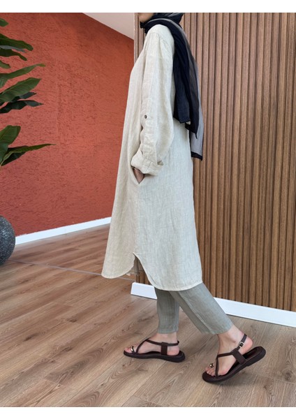 Kadın Ham Keten Tunik -Krem fırsatları