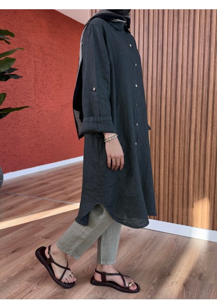 Kadın Ham Keten Tunik - Antrasit