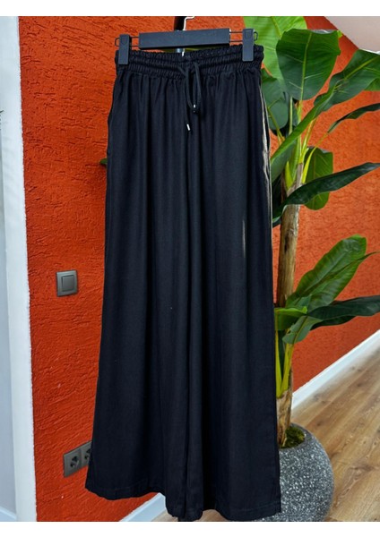 Kadın Tencel Bol Paça Etekli Kot Pantolon-Siyah