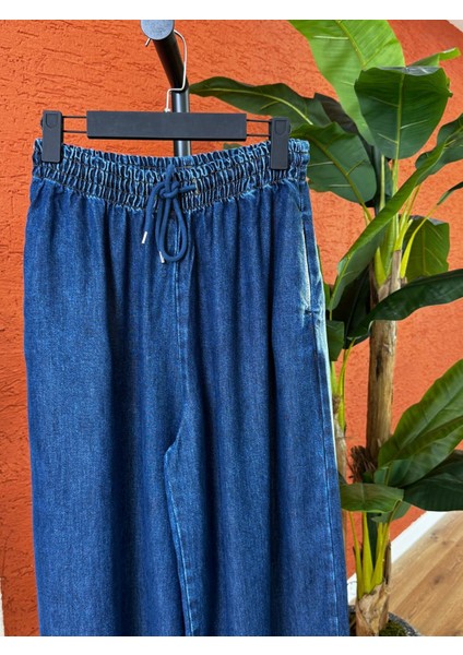 Kadın Tencel Bol Paça Etekli Kot Pantolon-Koyu Mavi