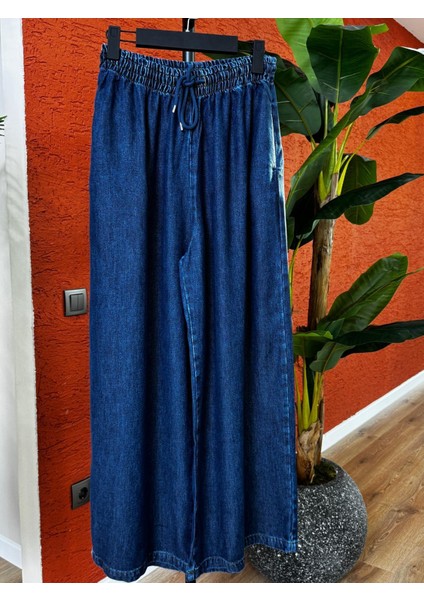 Kadın Tencel Bol Paça Etekli Kot Pantolon-Koyu Mavi fiyatları