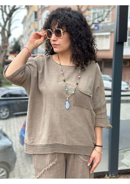Kadın Oversize Keten Bluz Kolları ve Eteği File Detaylı Cepli Oversize %100 Pamuk